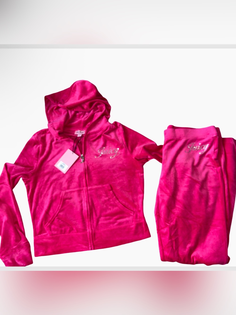JUICY COUTURE VIXEN PINK BLING RHINESTONE SCRIPT VELOUR TRACKSUIT SWEATSUIT NWT - Picture 15 of 16